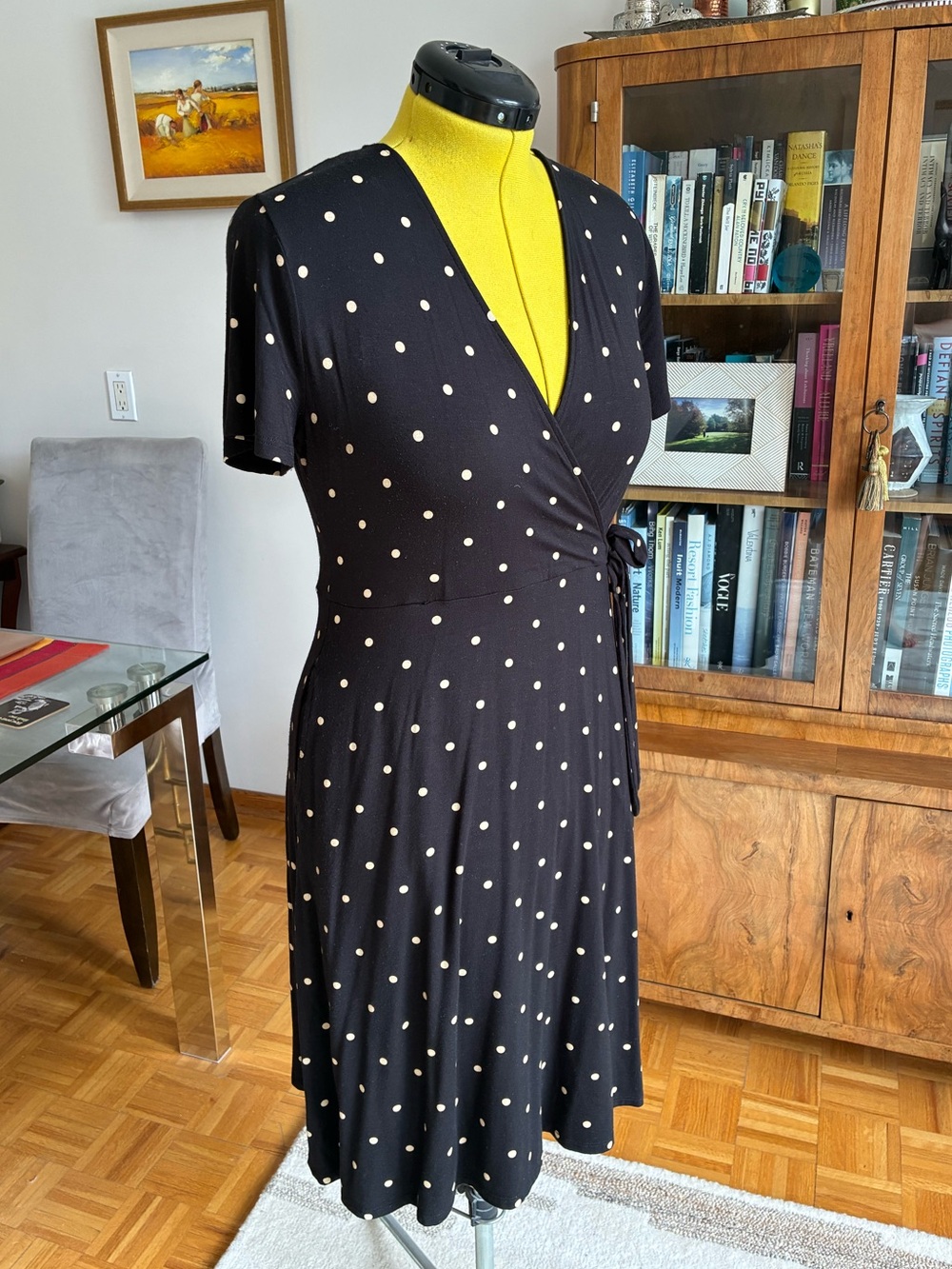 Amazon Essentials Black Faux Wrap Dress with Cream Polka Dots and Pockets